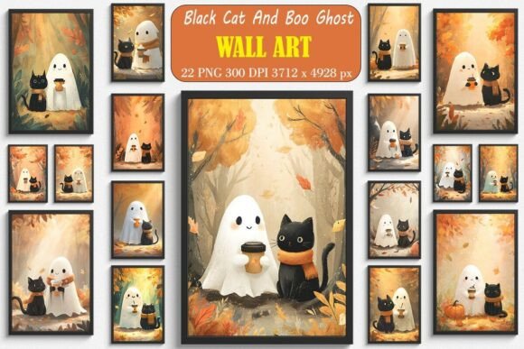 Black Cat and Boo Ghost Wall Arts Bundle