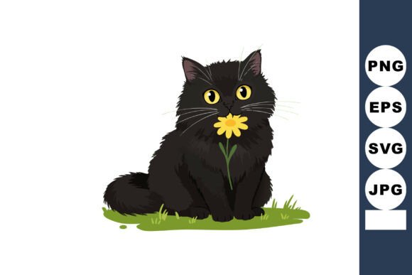 Black Cat Holding Yellow Flower Sitting