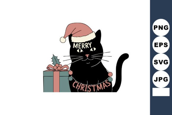 Black Cat Wearing Santa Hat Holding Merr