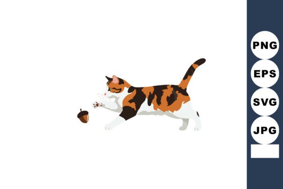 Calico Cat Playing with Acorn Vector Ill