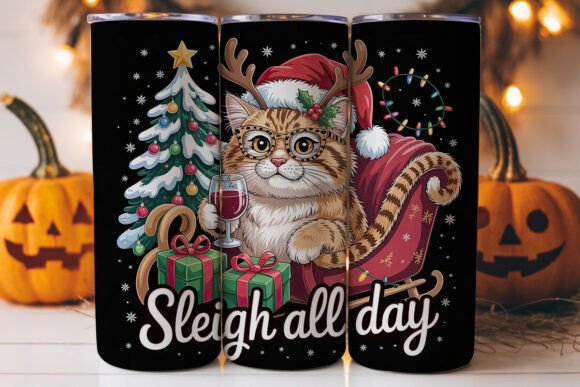 Christmas Cat Sleigh 20oz Tumbler Wrap