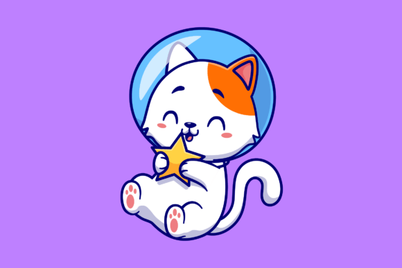 Cute Cat Astronaut Holding Star Cartoon