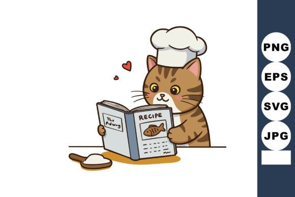 Cute Cat Chef Reading Recipe Book with C