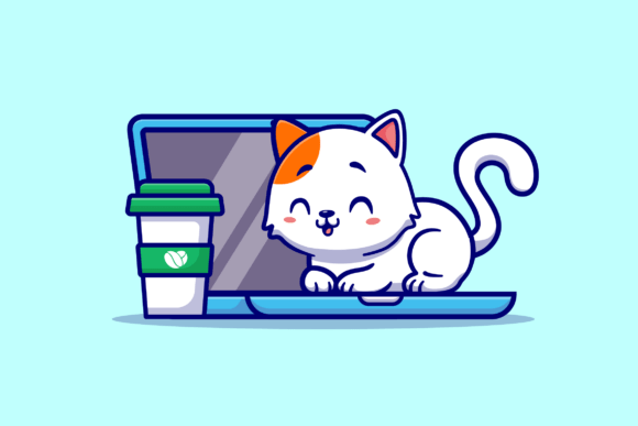 Cute Cat Playing on Laptop with Coffee