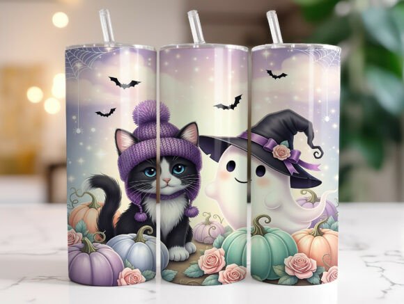 Cute Ghost and Black Cat Tumbler Wrap
