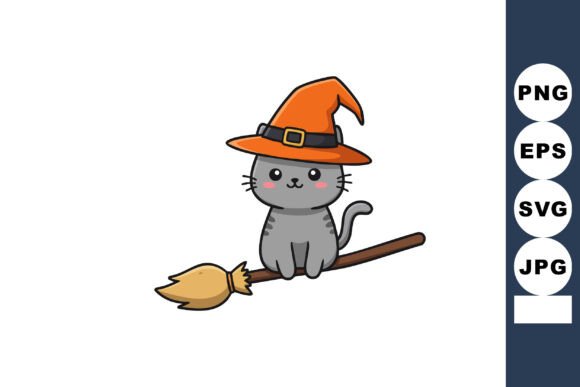 Cute Gray Cat Wearing Orange Witch Hat S