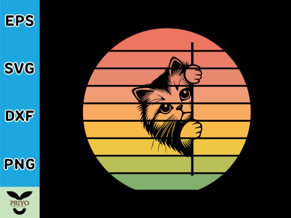Cute Kitten Peeking Sunset Vintage Retro