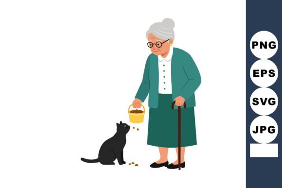 Elderly Woman Feeding Black Cat with Can