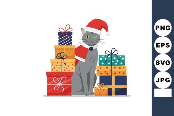 Gray Cat Wearing Santa Hat Surrounded by