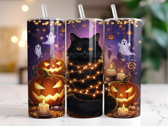 Halloween Black Cat Pumpkin Tumbler Wrap