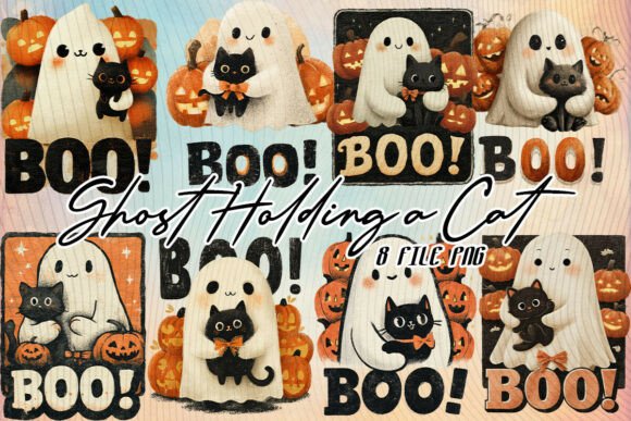 Halloween Ghost Hughing Cute Black Cat