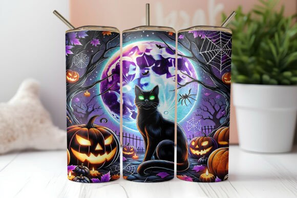Moonlit Black Cat and Pumpkins Tumbler