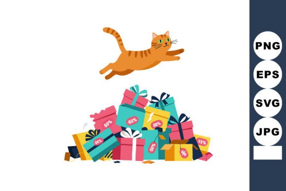 Orange Cat Jumping over Colorful Gift Box