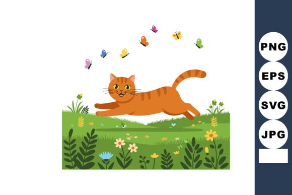 Orange Cat Playing in Green Grass Chasin