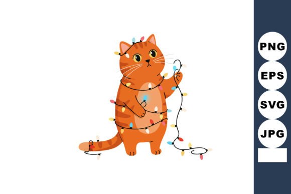 Orange Cat Playing with Colorful Christmas