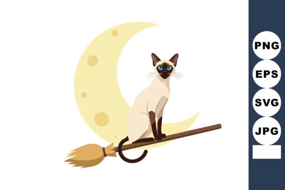 Siamese Cat Sitting on Witch Broomstick