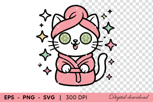 Spa Cat with Cucumber Eyes and Pink Robe